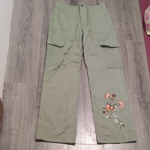 Green Cargo Pants with Floral Embroidery